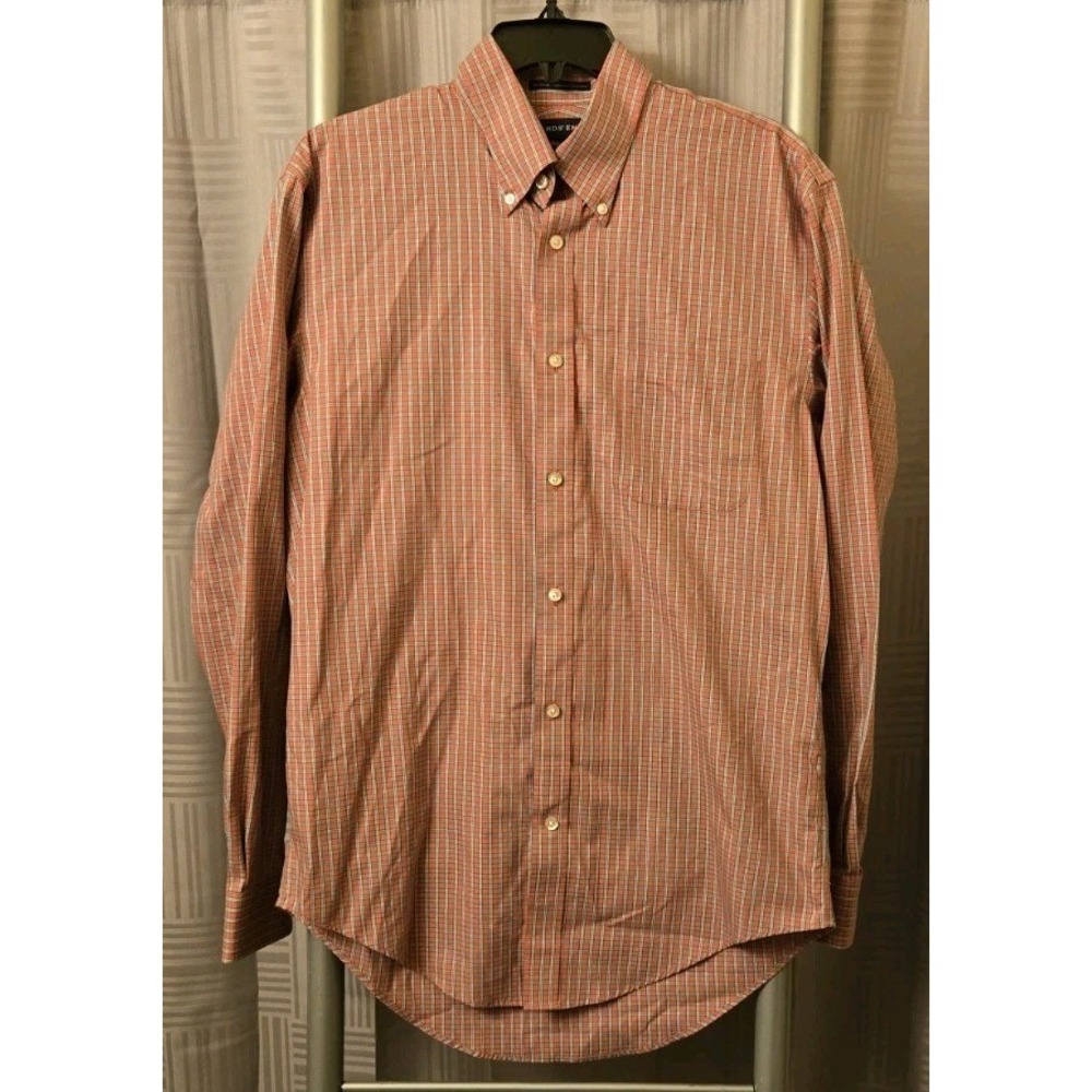 Lands' End Men's No Iron PinPoint Oxford Red Plaid Dress Shirt Size 15.5/35